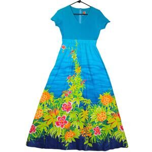 Budo Muu Muu Womens Size 9 Dress Floral Midi Blue Hawaii Vacation Beach Resort‎